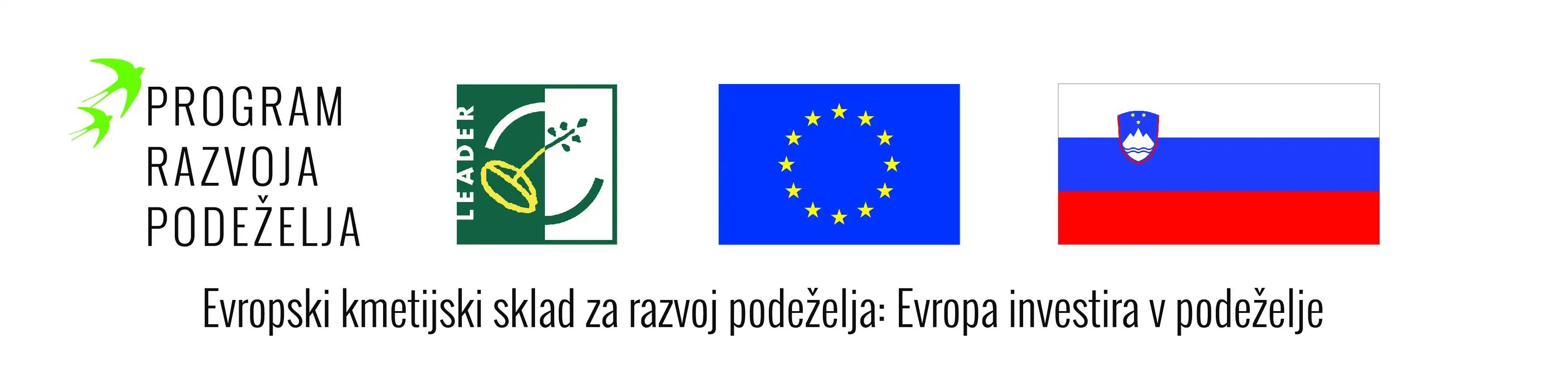 Logotipi program razvoja podeželja, leader ter evropska in slovenska zastava