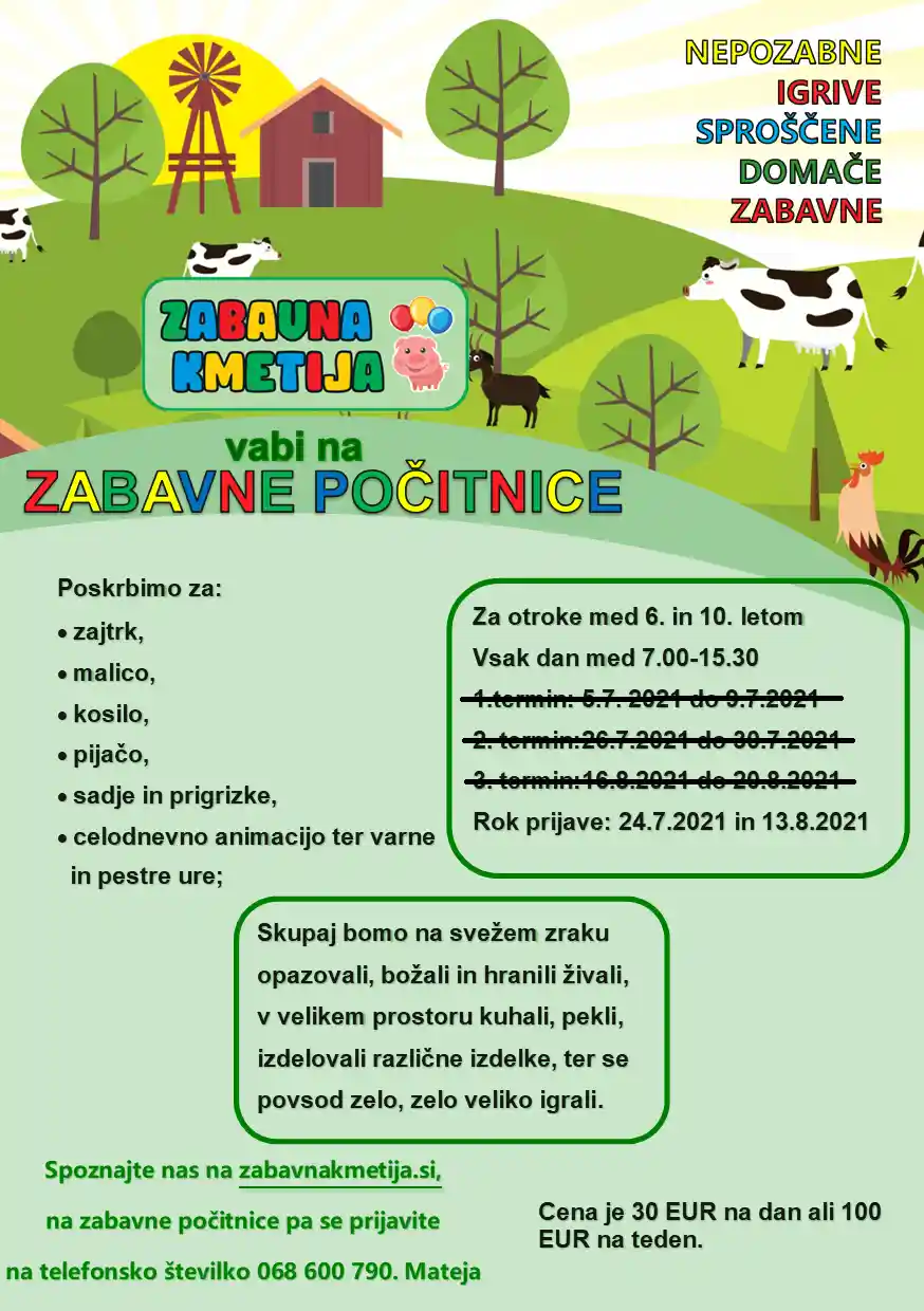 Plakat z informacijami o zabavnih počitnicah.